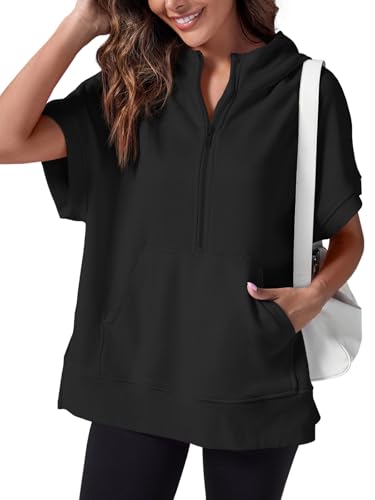 Fisoew Womens Oversized Half Zip Hoodies Short Sleeve Casual Sweatshirts Pullover Tops with Pockets Black