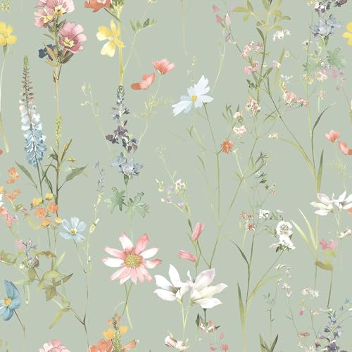 World of Wallpaper Elsie Minimalistic Floral Watercolour Style Spring Flowers Wallpaper for Living Room Bedrooms Kitchens in Sage Green AF0044