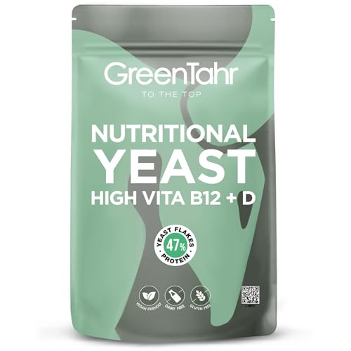Green Tahr Levadura Nutricional B12+D 500g, Nutritional Yeast en Copos Rica en Vitaminas B+D y Proteínas 47%, Levadura Nutricional Sin Gluten, Ideal para Queso Vegano, Alto Contenido en Fibra