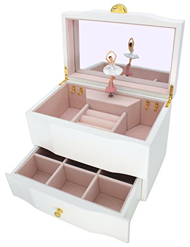 Attii Ballerina Jewelry Box Wooden Music Box for Girls with Drawer and Large Mirror, Waltz of the Flowers (The Nutcracker) Tune, White