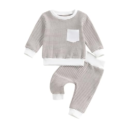 ZAXARRA Baby Boy Fall Clothes Long Sleeve Toddler Boy Waffle Sweatshirt Pullover Tops Pants Infant Fall Winter Outfits (Khaki, 0-6 Months)