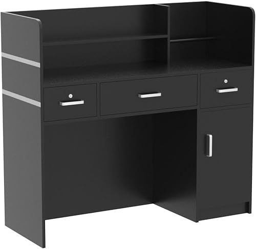 Miniatura 5 de Homsee Moderno escritorio de recepción con 3 cajones, armario de almacenamiento de 1 puerta y estante de gabinete, escritorio de madera para Negro