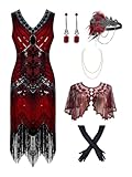 872AS - Plus Size 1920s Vintage Fringed Gatsby Sequin Beaded Tassels Hem Flapper Party Prom Cocktail Dress with Accessories Shrug Cape Shawl (Red Black, 4X)