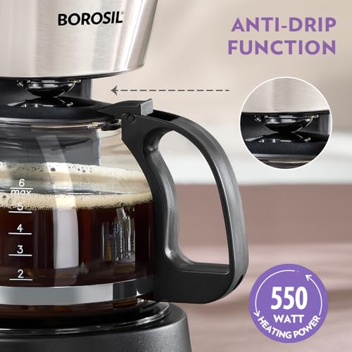 Borosil Brew Pro Drip Coffee Machine with Borosilicate Glass Carafe (600 ml) | 550W Coffeemaker | 6 Cups Capacity | Anti-Drip Function, Auto Shutoff, Keep Warm Plate | 2 Years Warranty | Black - Image 8