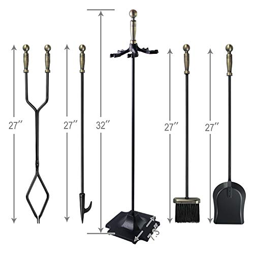 WBHome Fireplace Tools Set 5 Pieces Wrought Iron Fireset Fire Pit Poker Wood Stove Log Tongs Holder Fireplace Tool Set With Pedestal Place, 32 Inch (Brass Handle)