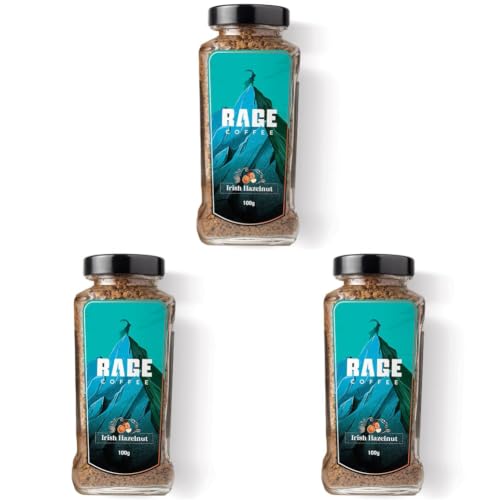 Image of RAGE COFFEE Irish Hazelnut - Flavored Instant Coffee Powder for both Hot & Cold Coffee, 100% Single Origin Arabica Coffee Beans Powder (IRISH HAZELNUT, 100g) (Pack of 3)