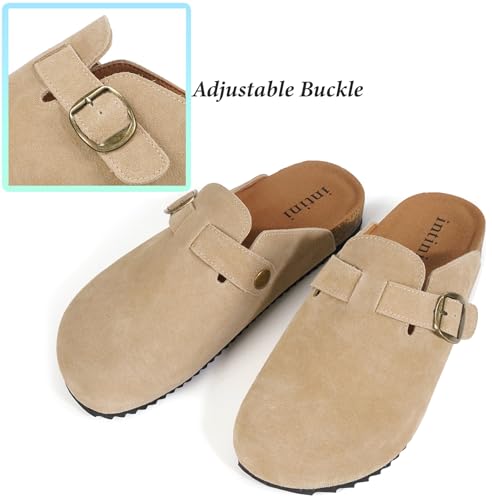 Image of Genuine Suede Clogs Womens Mens Cork Footbed Sandals Potato Shoes | Unisex Suede Leather Mules ,Arch Support,Adjustable Metal Buckle,Cork and Rubber,Wonderful Quality