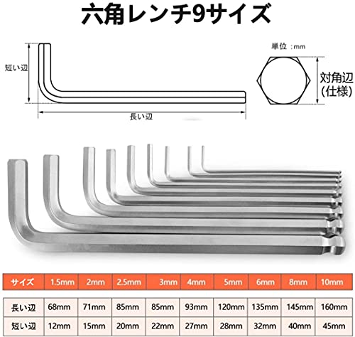 Muchuu ボールポイント L型六角レンチセット 9本組 クロムバナジウム鋼製 両用ヘッドでメートルサイズ/インチサイズに対応 業界トップの耐久性を誇る 2枚目
