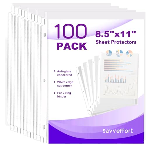 Savveffort - Savveffort 100PCS Clear Sheet Protectors 8.5 x 11 inch Page Protectors for 3 Ring Binder, Plastic Sleeves for Papers, Document and Photos