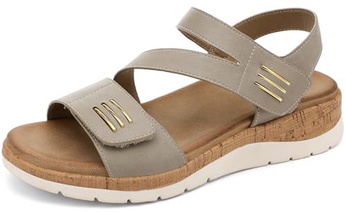 Image of UBFEN Womens Low Wedge Walking Sandals with Arch Support | Open Toe Sandals Adjustable Instep and Ankle Straps for Summer Everyday Outfits, Travel,Vacation