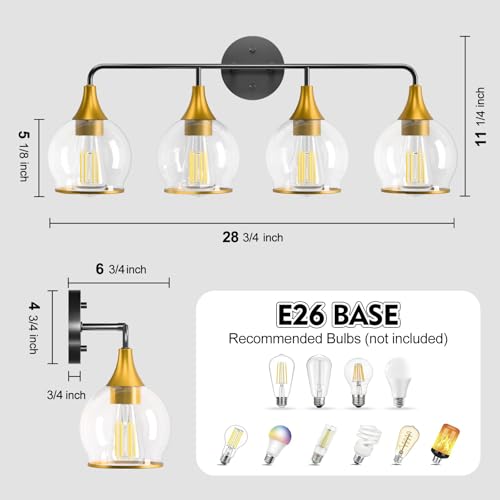 Image of 4-Light Bathroom Light Fixtures, Black Gold Modern Vanity Lights with Clear Glass Shade, Bathroom Wall Lamp for Mirror Living Room Hallway Cabinet Porch, ETL Listed