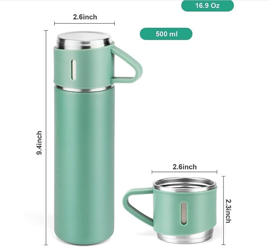 Image of 500ml Vacuum Insulated Stainless Steel Flask Set with 3 Cups Leakproof Double Wall Bottle for Tea Coffee Water Travel Office Gift Set Green