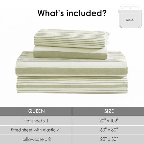 Image of ClevaHome Queen Sheets Set - 4 Piece Fitted Bed Sheet Set, Sage Stripe | 16 inch Deep Pocket, Super Soft & Breathable, Enhanced Comfort & Easy Care, Classic Stripe Sheet Set