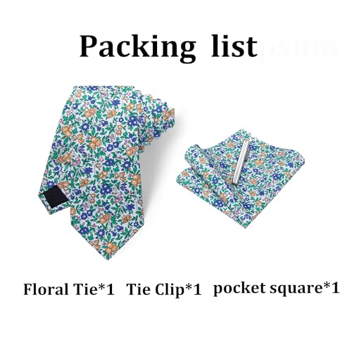 Image of YourTies Cotton Floral Tie for Men 2.5 inch Printed Skinny Necktie Pocket Square Tie Clip Set Flower Wedding Party Groom