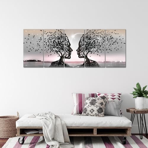 Tableau couple d'amoureux XXL Runa Art 5 parties gris rose salon 200x80 cm - 4