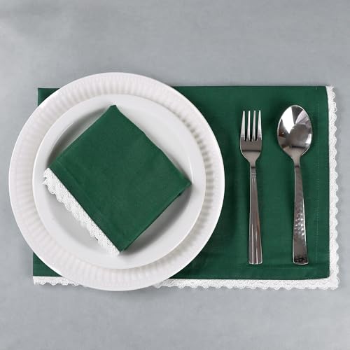 Image of FINGERCRAFT Lace Trim Cloth Napkins Set of 6, 20x20 Inch 100% Cotton Dinner Napkins, Reusable Washable Table Napkins for Wedding, Farmhouse Dining, Parties & Home Decor (Eden Green)