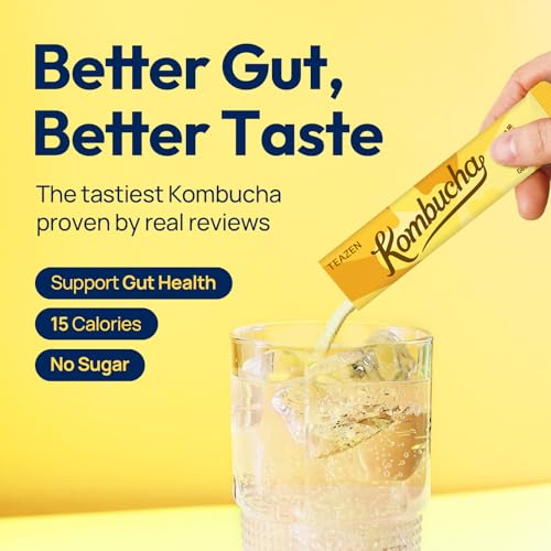 Image of TEAZEN Lemon Ginger Hot Kombucha Tea, Spice Tea, Live Probiotics & Postbiotics, Relaxation and Warmth for Colds and Sore Throat, Hydration Drink Mix, Sugar Free, On-the-Go 10 Packets, 1.76oz
