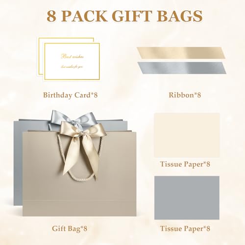Image of JMANNI Gift Bags with Handles, 13 inch Medium Gift Bag for Presents, 8 Pcs Bags with 16 Tissue Paper and 8 Cards for Baby Shower Wedding Bridal Shower Mother's Day Birthday Party(Champagne silver)