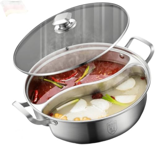 仕切り付き両手鍋 S 字型 元陽鍋 304 ステンレス鋼鍋 ガラス蓋付き しゃぶしゃぶ鍋 スープポット 家庭用 大容量 万能ストーブ 複数のストーブに適した多機能調理器具 (32cm)