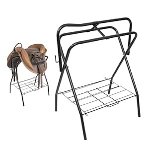 HOMESTEAD Portable Saddle Rack – Heavy Duty Stand for English & Western Saddles, Durable Folding Stand with Bridle Hook & Storage, Ideal for Tack Room & Travel