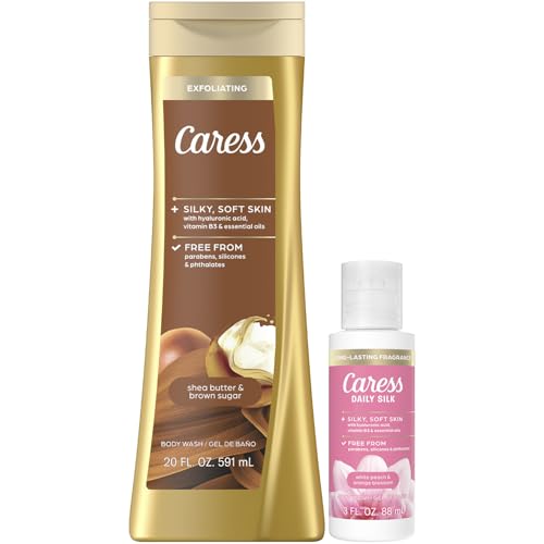 Caress Body Wash, Daily Silk Travel-Size + Full-Size Exfoliating Shea Butter & Brown Sugar Body Wash – Bath & Shower Essentials for Soft, Silky Skin