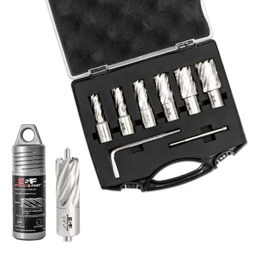 Image of S&F STEAD & FAST Annular Cutter Set 6 Pcs, Depth of Cut 1", Weldon Shank 3/4", Mag Drill Bits Kit - Cutting Dia 1/2, 9/16, 11/16, 13/16, 15/16, 1-1/16", Single Pc - Cutting Dia 3/4", Cutting Depth 1"