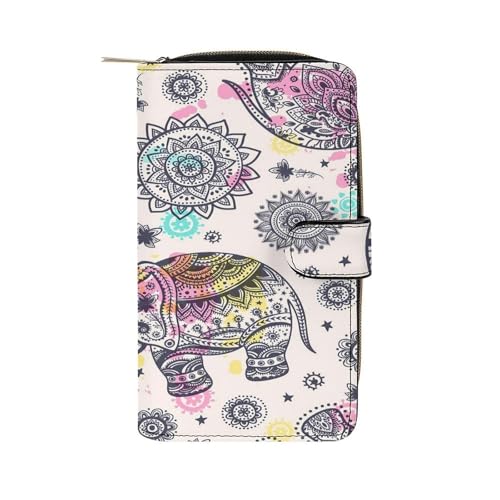 Nugier Women Soft PU Leather Wallet, Zipper Card Case Clutch Credit Bills Money Crash Coin 7.8x4.3x1.4 in Holder Purse Print Lotus Ethnic Elephant African Tribal Ornament