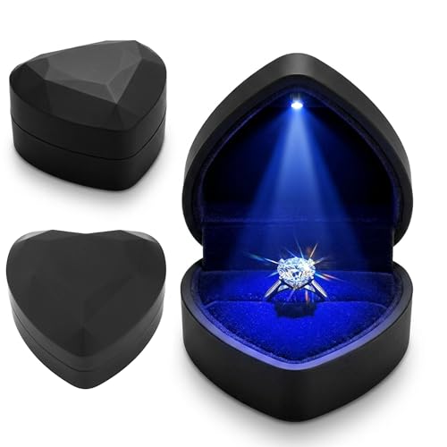 Fuitke Boîte à bijoux en velours avec lumière LED, en forme de cœur, éclairage automatique, boîte à bijoux en velours, support créatif de luxe pour fiançailles, demande en mariage, noir