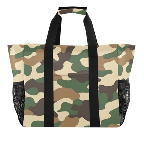 Large Waterproof Travel Tote Bag for Women Men, Military Green Camouflage Camo Canvas Beach Bag with Lining & Pockets - Reusable Grocery/Laundry/Kitchen/Pool/Picnic Tote (15.4x9.8x12.8in)
