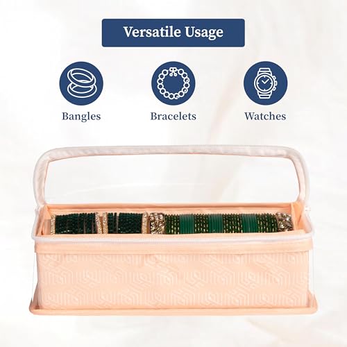 Image of HomeStrap Cotton Single Rod Bangle Box with Transparent Top | Waterproof, Dustproof Organizer for Bangles, Chudis, Bracelets, Watches & Jewellery | Compact Storage Organizer | Peach | Pack of 1