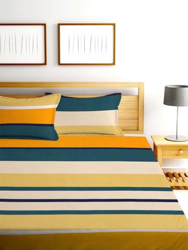 Image of la' amour Cotton 220 TC Flat Double Bed Bedsheets for Summer Breathable | Wrinklefree (Size- 228 x 230 Cm) with 2 Pillow Covers (Size-17 X 27 Inches, Abstract, Mustarded & Teal Green)