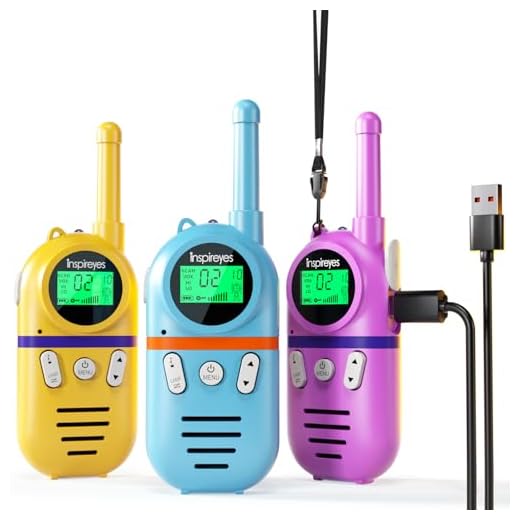 Inspireyes Walkie Talkie Niños Recargable, 48 Horas de Tiempo de Trabajo, 3 kilómetros de Largo Alcance, Regalos de Cumpleaños, Juguetes al Aire Libre para niños de 3 a 12 años, Paquete de 3