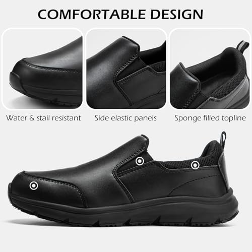 Image of NAVEKULL Men's Non Slip Food Service Shoes Water Resistant Kitchen Restaurant Chef Slip Resistant Work Shoes Black Leather
