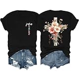 Faith Cross Christian T-Shirt with Boho Floral Cross Print Short Sleeve Casual Graphic Tee for Women Black