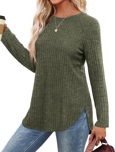 Image of Saloogoe Long Sleeve Shirts for Women 2025 Fall Clothes Tunic Tops Loose Fit Dressy Crewneck Pullover Sweaters Curved Hem