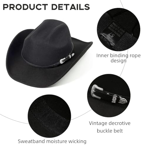 Image of PROBEROS Western Cowboy Hat for Men Classic Roll Up Fedora Hat with Buckle Belt Black
