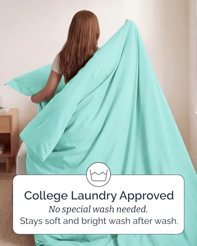 Image of Duvet Cover Twin /Twin XL Size - 2 Piece Set with Zipper Closure - Spa Blue | Extra Soft Twin /Twin XL Duvet Cover 68 inch x 90 inch with 1 Pillow Sham, Hotel Luxury w / Zipper Closures & Ties, Comfy & Breathable