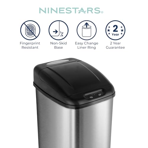 Image of NINESTARS DZT-50-6 Automatic Touchless Infrared Motion Sensor Trash Can, 13 Gal 50L, Stainless Steel Base (Rectangular, Black Lid)