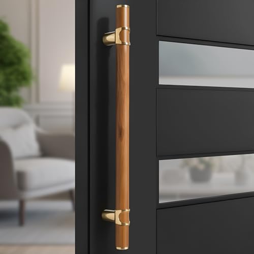 Image of Plantex 18 Inch Main Door Handle /Stainless Steel & Wooden Door Handle /Pull-Push Handle for Door /Office & Hotel - Pack of 1 (DTMD-428, Gold & Wood)