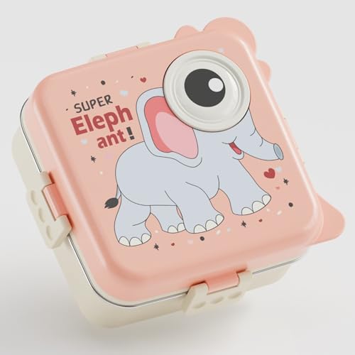 Image of Kids Lunch Box for School, Stainless Steel Insulated Tiffin Box with Spoon, Leak Proof 3 Compartments Bento Box, BPA Free Food Grade Lunch Box for Kids, 1120 ml + 70 ml (Pink, Super Elephant)