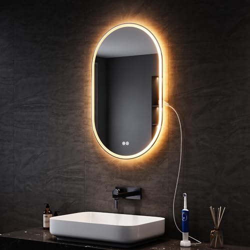 SONNI Specchio da bagno a LED - Con presa - 80 x 50 cm - Ovale - Con illuminazione - Comando touch - Anti-appannamento - 3 colori - Intensità variabile e memoria di interruzione di corrente
