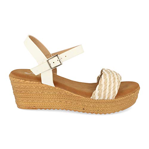 48415-Sandalia de Mujer Estilo Boho Chic con Cuna Imitacion Yute, con Pala de Rafia y Cierre de Hebilla. Primevera Verano 2020. Talla 40 Blanco