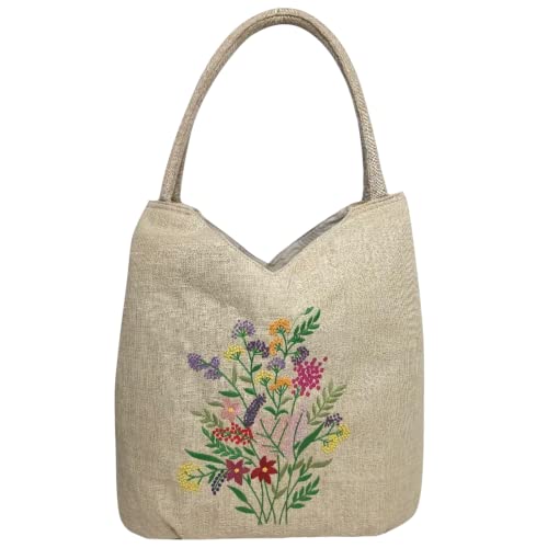 HCRAFT Embroidered Handbags for Women, Large Colorful Flower Shoulder Tote Bag with Zipper,13.8x6.3x14.5, Hobo Bags For Women, Mother's Day Bag, Tote Bag Aesthetic with Inner Pocket
