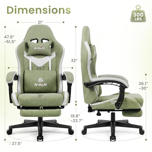Image of N-GEN GAMING Video Gaming Chair Office Computer Desk Use Ergonomic Reclining Backrest Adjustable Armrests Lumbar Support Footrest High Density Foam Breathable Fabric Heavy Duty Base (Green)