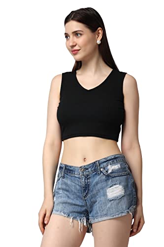 Image of POPWINGS Casual Solid Ribbed Crop Top for Women || Sleeveless & V-Neck Crop Tops for Women Black