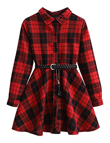 Girls Christmas Dress Long Sleeve Buffalo Plaid Shirt Dresses,6-12 Years2