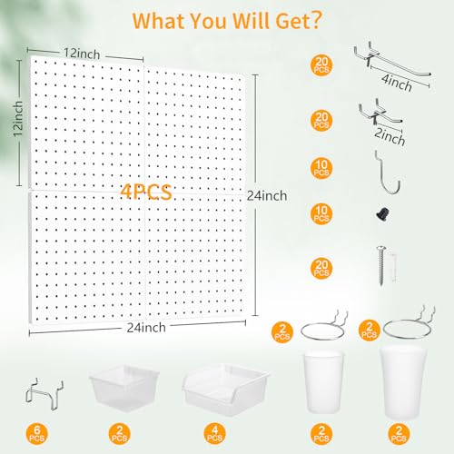 FZK Peg Board Kit, 4 Metal Pegboard Wall Organizer with 70 Accessories, Heavy Duty Pegboard for Walls, White Pegboard for Garage, Craft Room, Workbench, Office, Kitchen,Tool Organization by FZK - Image 2