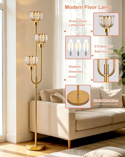 Image of 3-Lights Modern Glass Floor Lamp 66IN Gold Dimmable Floor Lamps with 3000K Warm White Bulbs for Wedding Party Tall Standing Lamp with Amber Glass Shade for Living Room /Bedroom /Girls Room