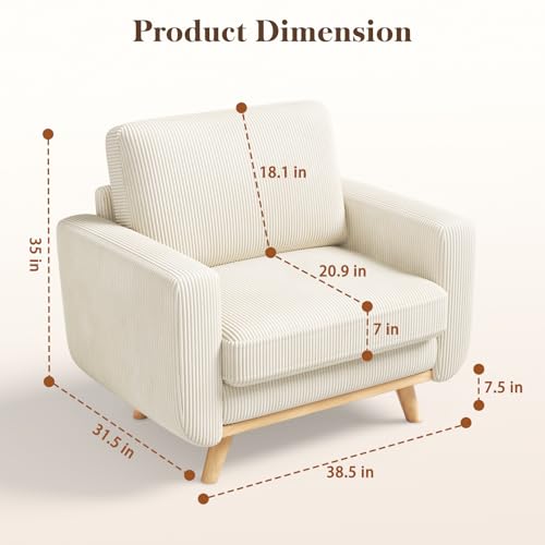 Image of Vesgantti 38.5 inch Accent Chair Beige, Comfy Corduroy Single Sofa Seat with Spring Cushion, Upholstered Armchair with Deep Seat, Reading Chair for Adults, Modern Sofa for Living Room, Bedroom