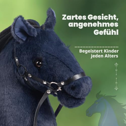 BEJOY Steckenpferd Spielzeug Holzpferd | Plüschpferd zum Reiten Tiefblau – Ansicht 4